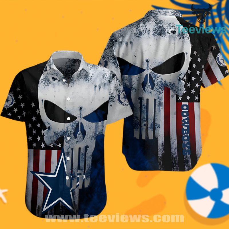 Dallas Cowboys Blue Unisex Hawaiian Shirt With America Flag Skull Design Dallas Cowboys Blue Unisex Hawaiian Shirt With America Flag Skull Design